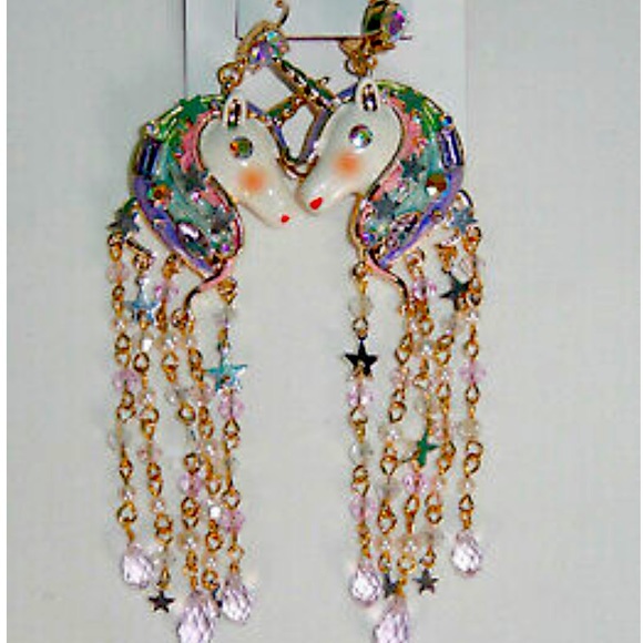 New  Betsey Johnson Unicorn Fringe Chandelier Earrings - Picture 8 of 15